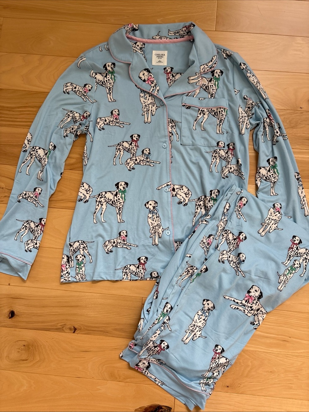 Chelsea Peers Women’s Light Blue Dalmatian PJ Set. NWOT. Soft cozy. Sz M (12)